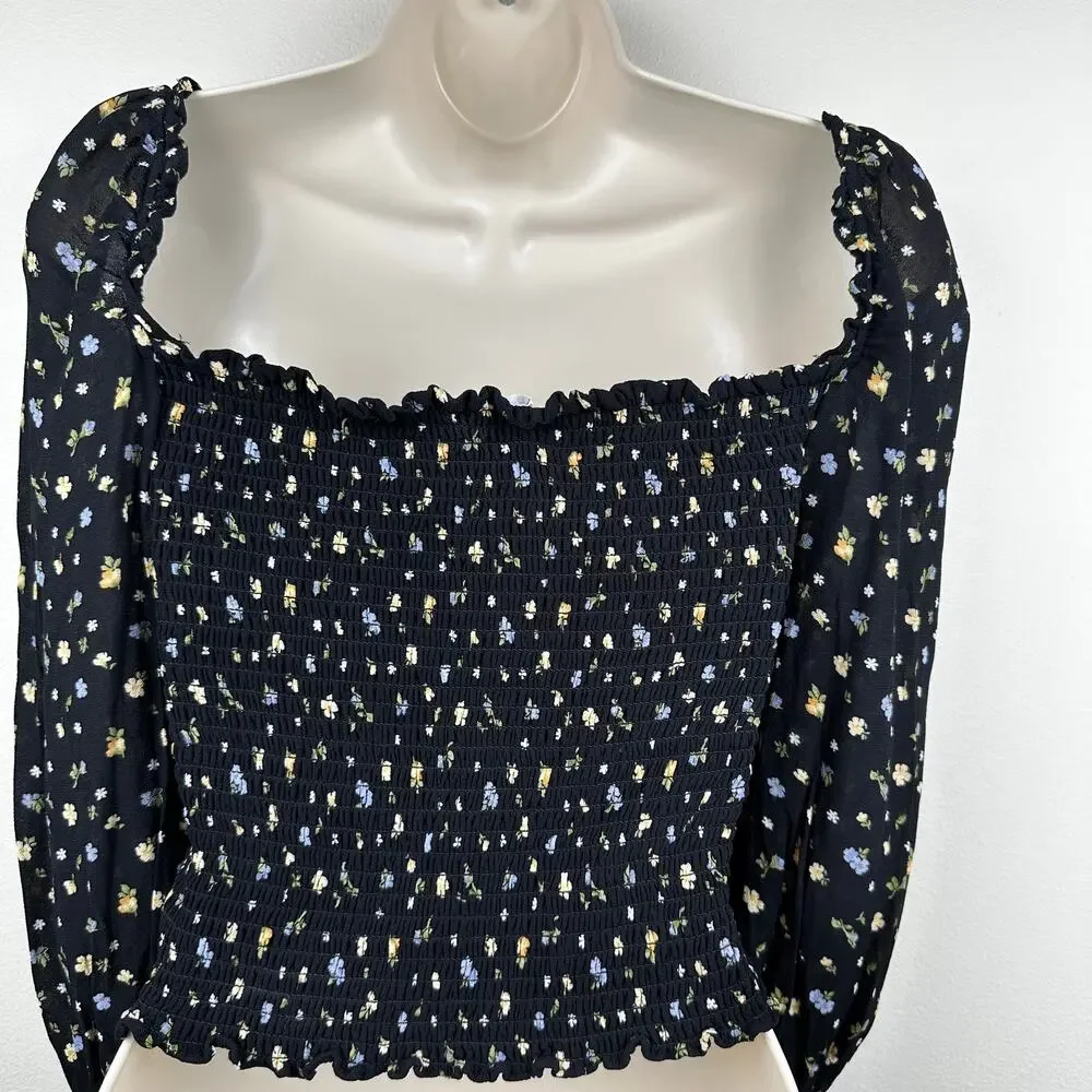 Reformation Blouse Top Pinto Smocked Puff Sleeve Jolene Ditsy Floral Black Small